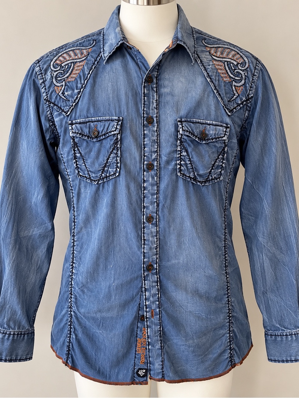 Roar men’s embroidered blue button down shirt size L western y2k